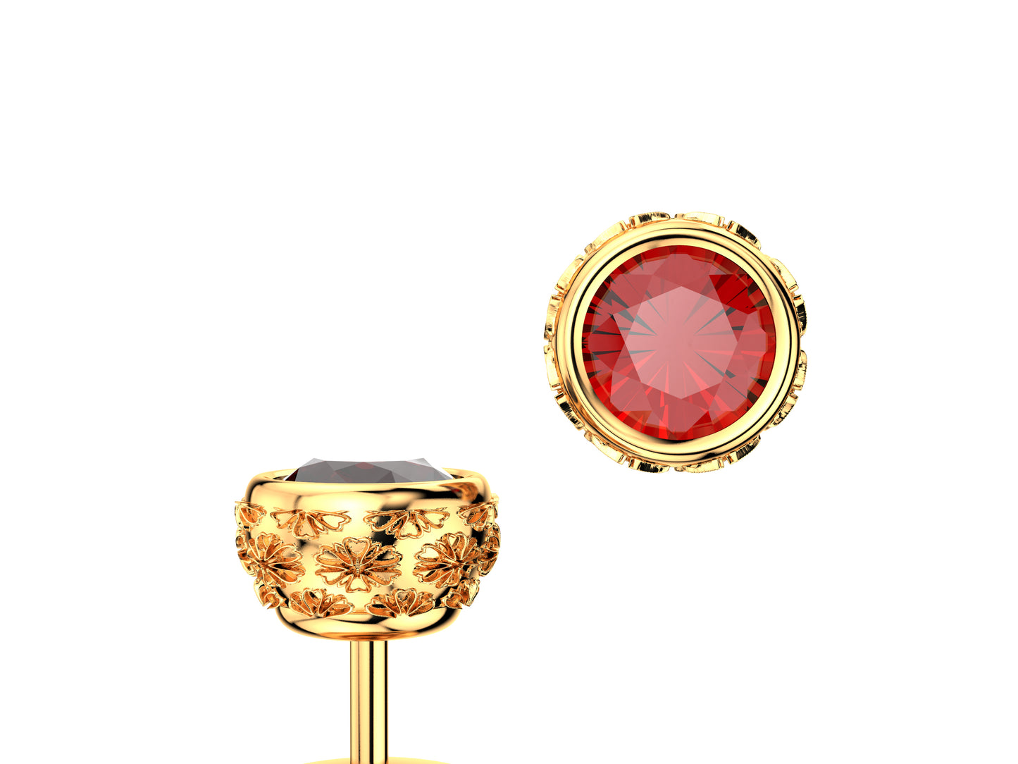Gemmes De La Divinite earrings, 18K rose gold, each set with a orrange sapphire. Diameter of the pattern: 5.0 mm.