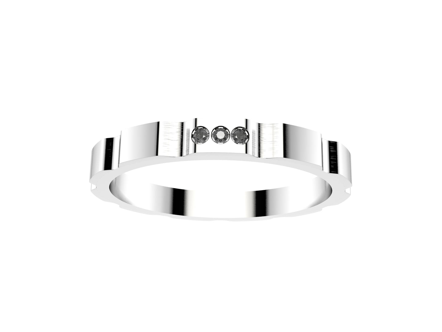 Hit New Style WM wedding band, 18K white gold, set with 3 brilliant-cut diamonds totaling 0.01 carat. Width: 2.5 mm. Thickness: 2 mm.