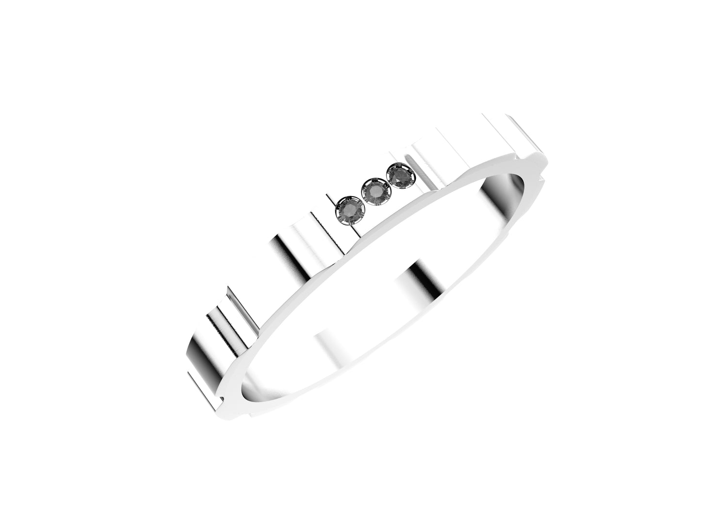 Hit New Style WM wedding band, 18K white gold, set with 3 brilliant-cut diamonds totaling 0.01 carat. Width: 2.5 mm. Thickness: 2 mm.