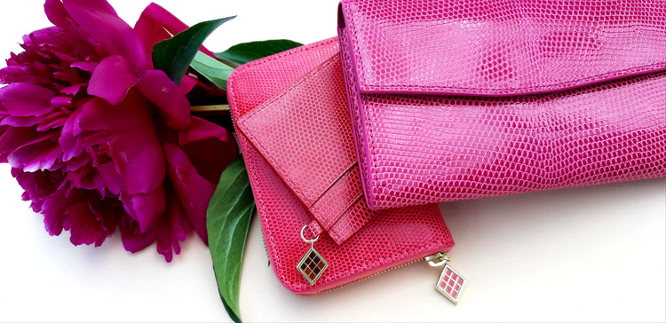 Women's Accessories / three wallets in pink lizzard leather and luxury gold enamel zip pendants / MatiJaro