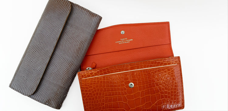 Wallets / two wallets in orange aligator leather and cappucino lizzard leather / MatiJaro