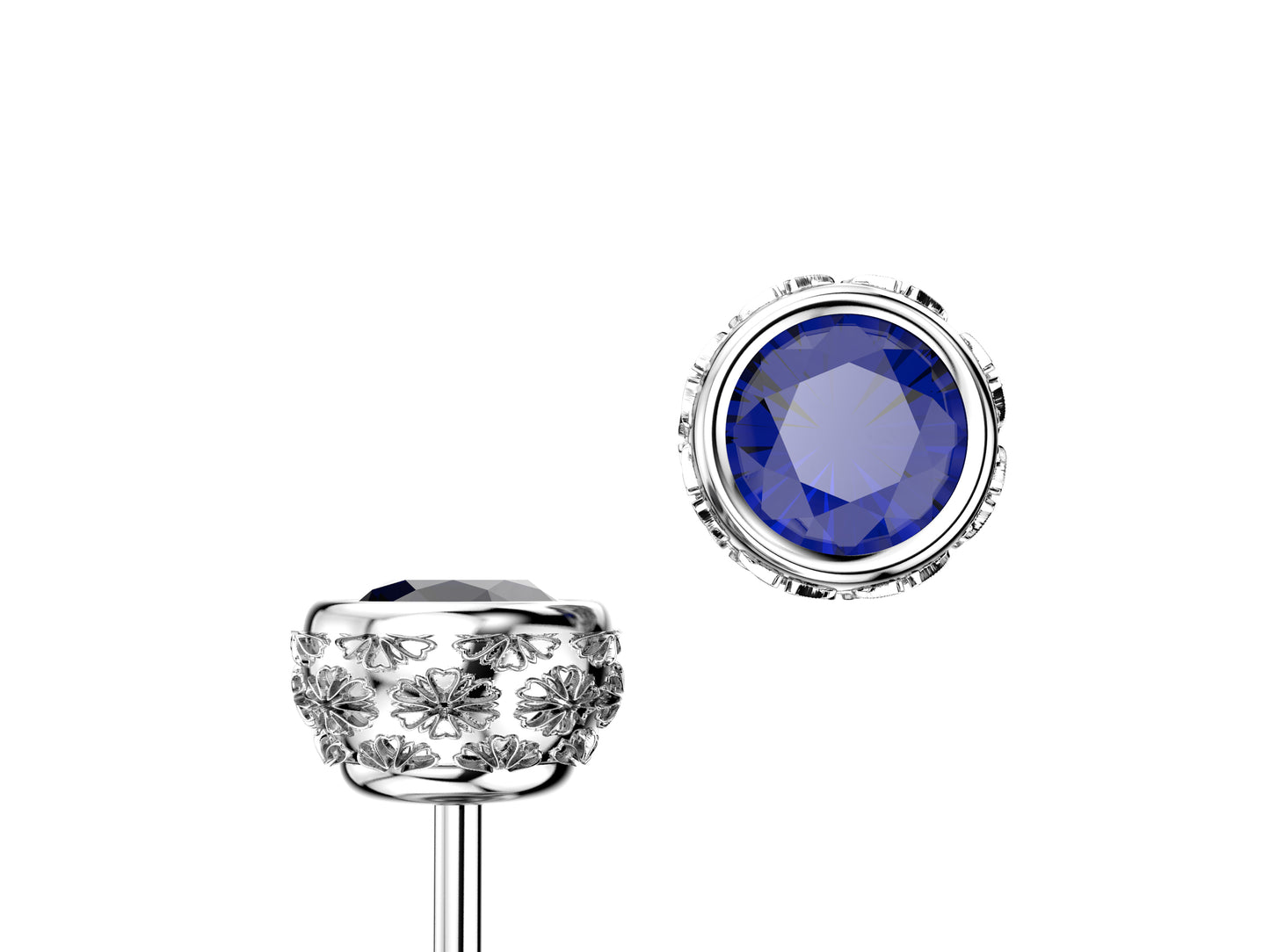 Gemmes De La Divinite earrings, 18K white gold, each set with a blue sapphire. Diameter of the pattern: 5.0 mm