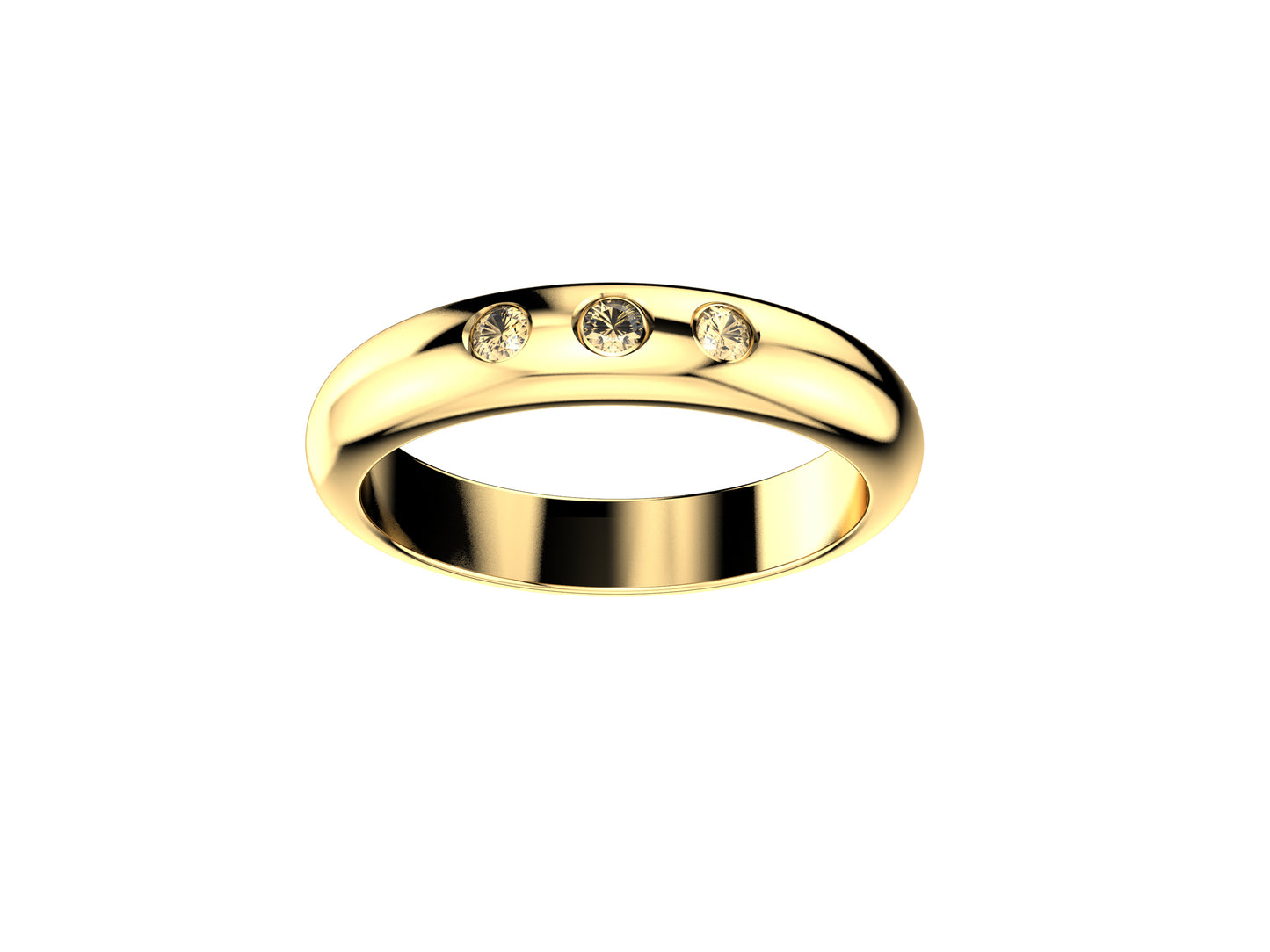 Forever wedding band, width 3.5 mm, 18 K yellow gold, set with three brilliant-cut diamonds totaling 0.044 carat.