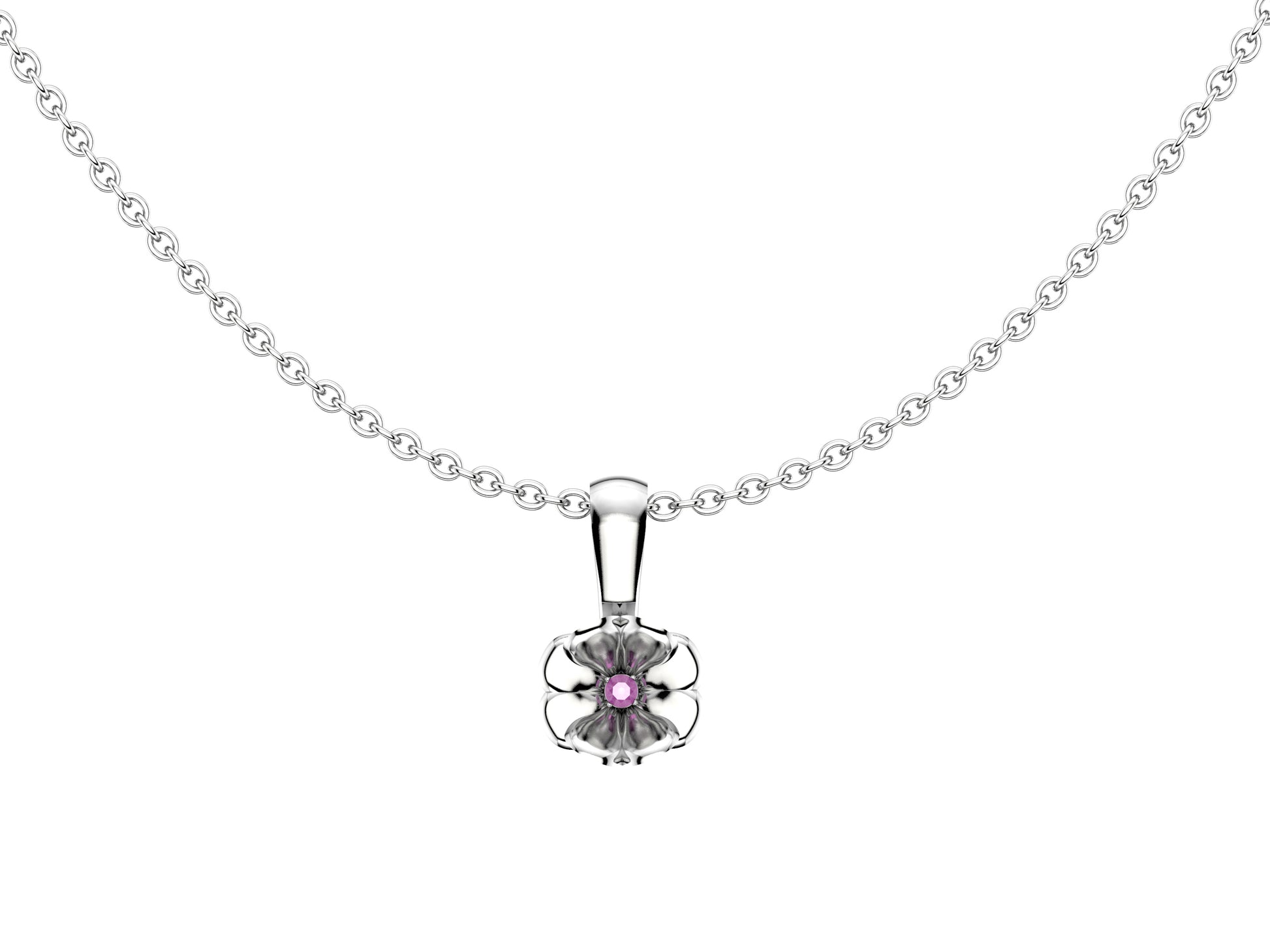 Flores de MatiJaro necklace, 18K white gold, rose sapphire. Length: 60 – 60.4 cm. Width of the motif: 9 mm. Length of the motif: 15,5 mm.