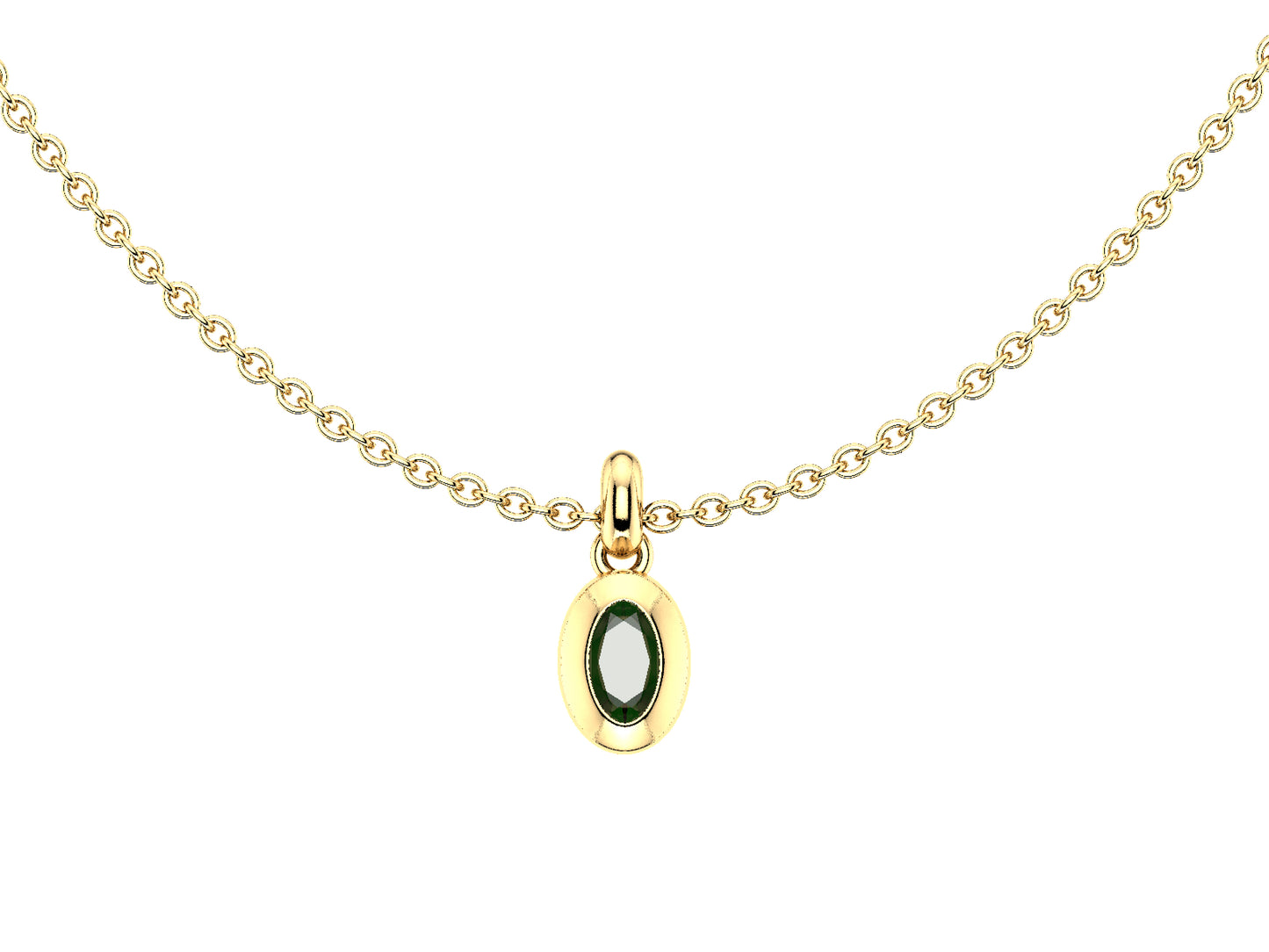 Gemme's De La Divinity necklace, 18K yellow gold, set with a green tourmaline. Diameter of the pattern: 11 mm. Chain length: 600 to 605 mm.