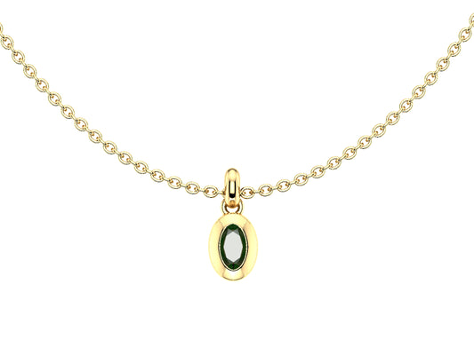 Gemme's De La Divinity necklace, 18K yellow gold, set with a green tourmaline. Diameter of the pattern: 11 mm. Chain length: 600 to 605 mm.