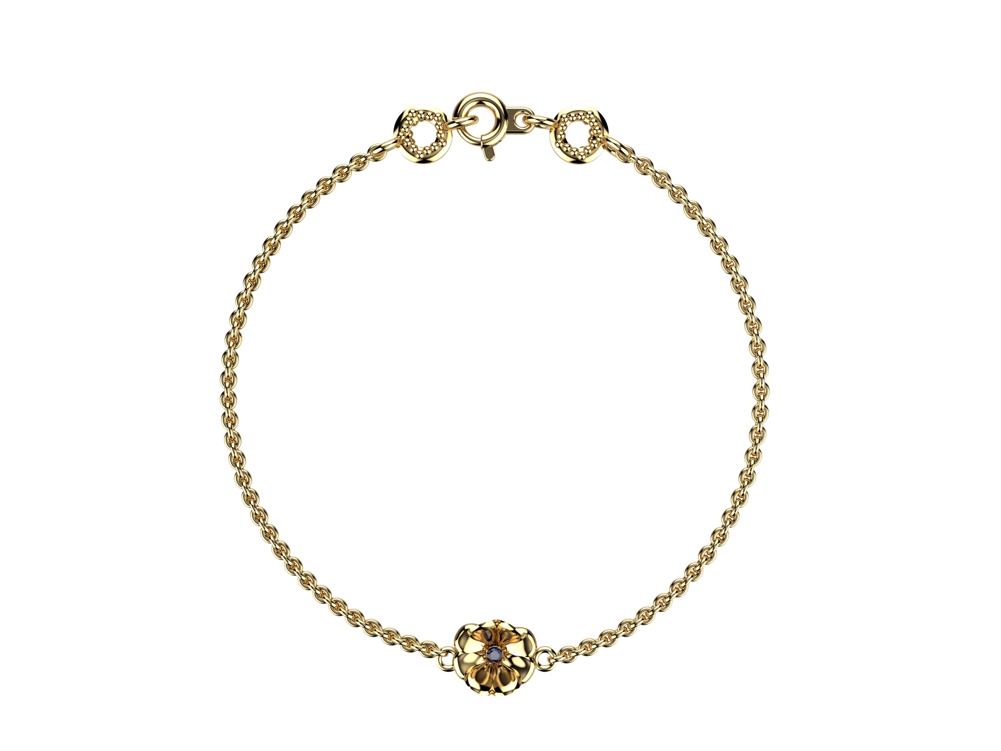 Flower bracelet, 18K yellow gold, blue sapphire.
