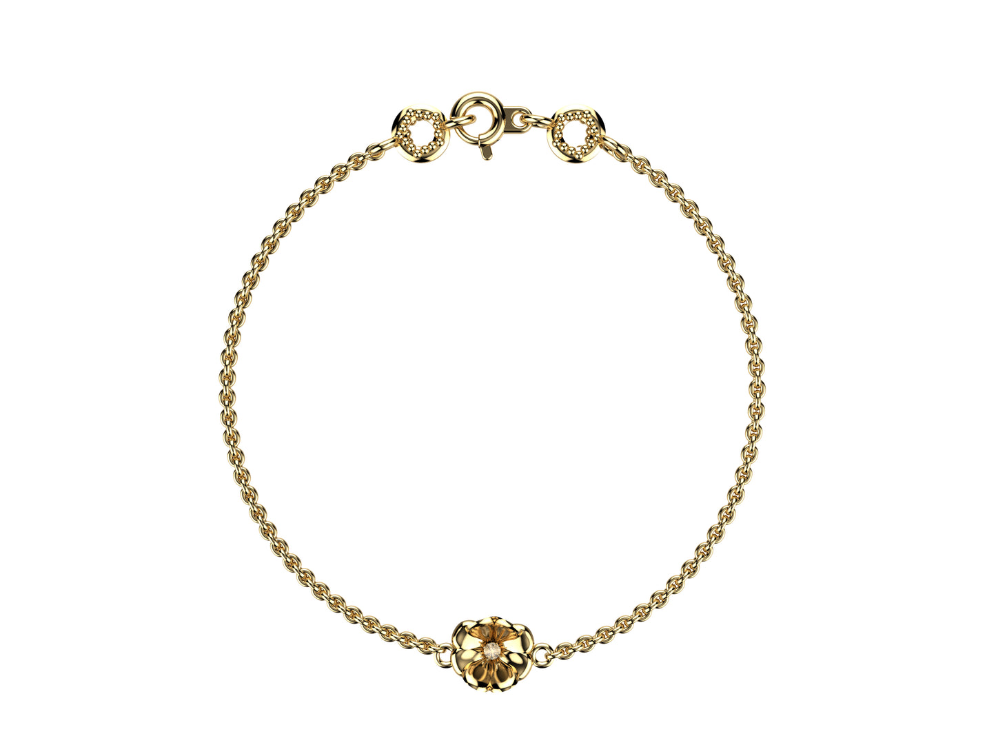 Flores de MatiJaro bracelet, yellow gold, set with a diamond. Thickness: 1.78 mm. Diameter of the pattern: 8,9 mm.