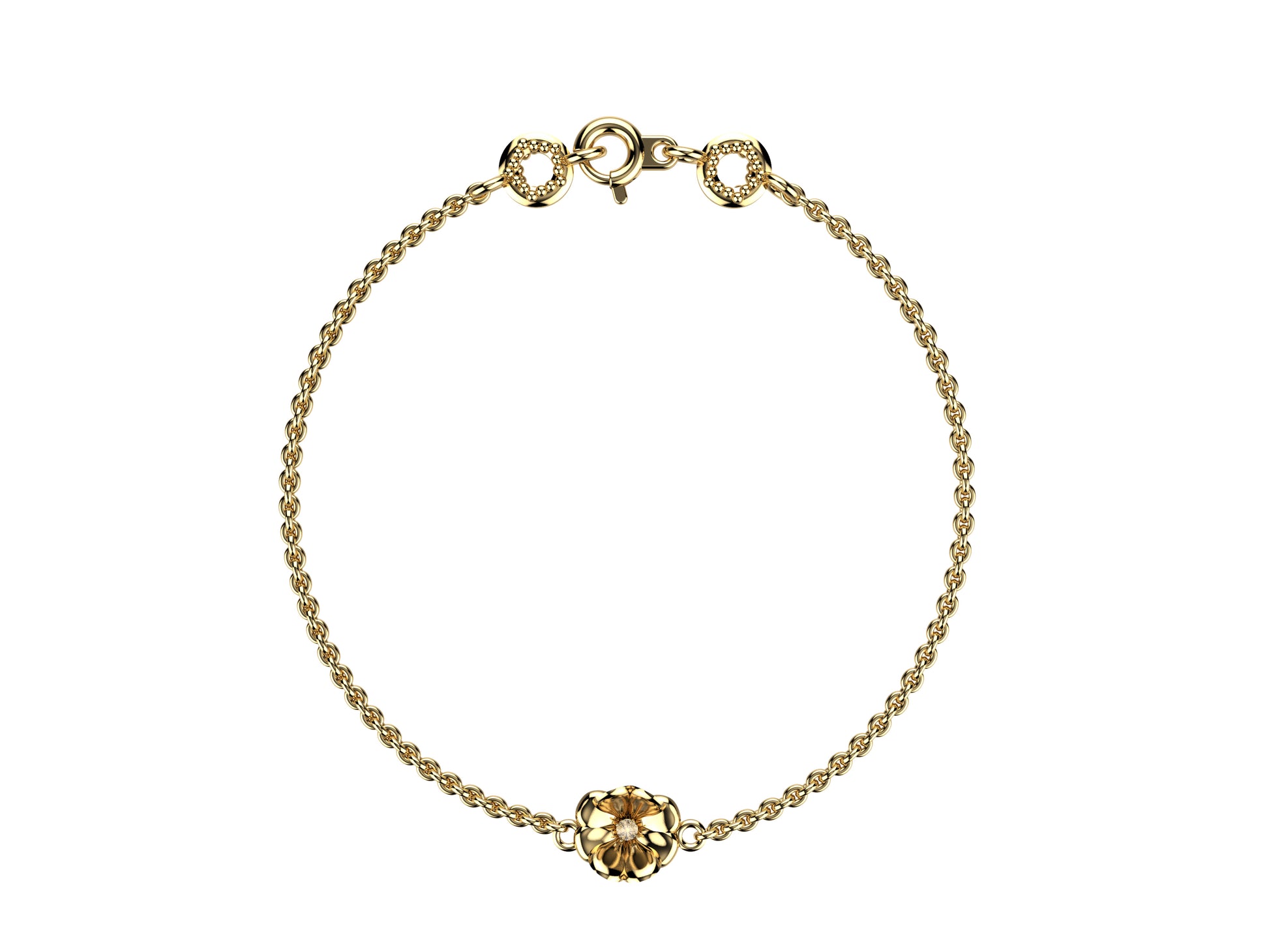 Flores de MatiJaro bracelet, yellow gold, set with a diamond. Thickness: 1.78 mm. Diameter of the pattern: 8,9 mm.