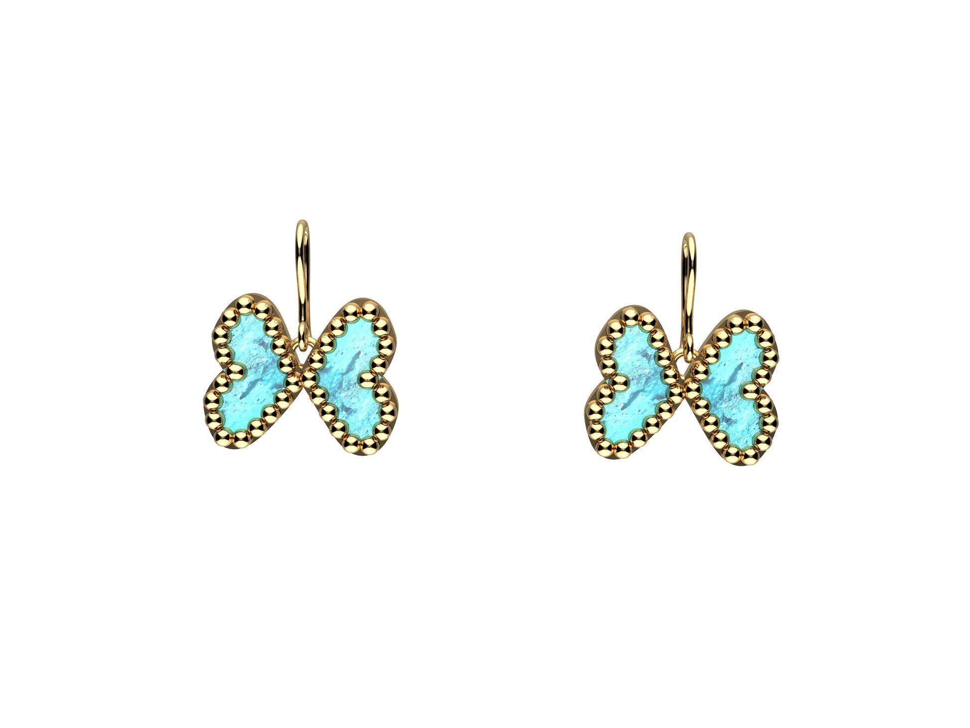 Flores de MatiJaro, 18K yellow gold, turquoise. Diameter of motif: 20 mm x 16 mm. 