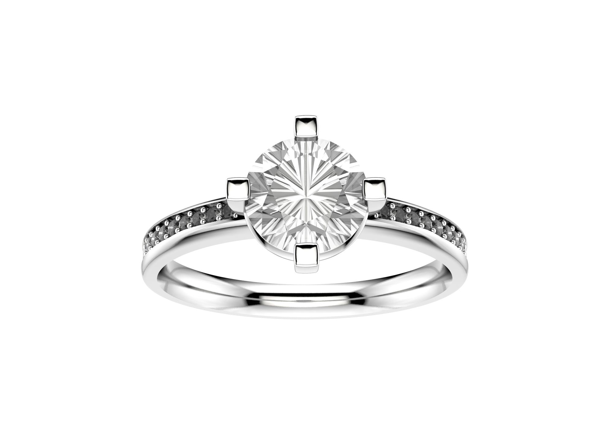 Forever engagement ring, 18K white gold, set with a brilliant-cut diamond available in 1.0 to 1.1 carats pave with brilliant cut diamonds. 