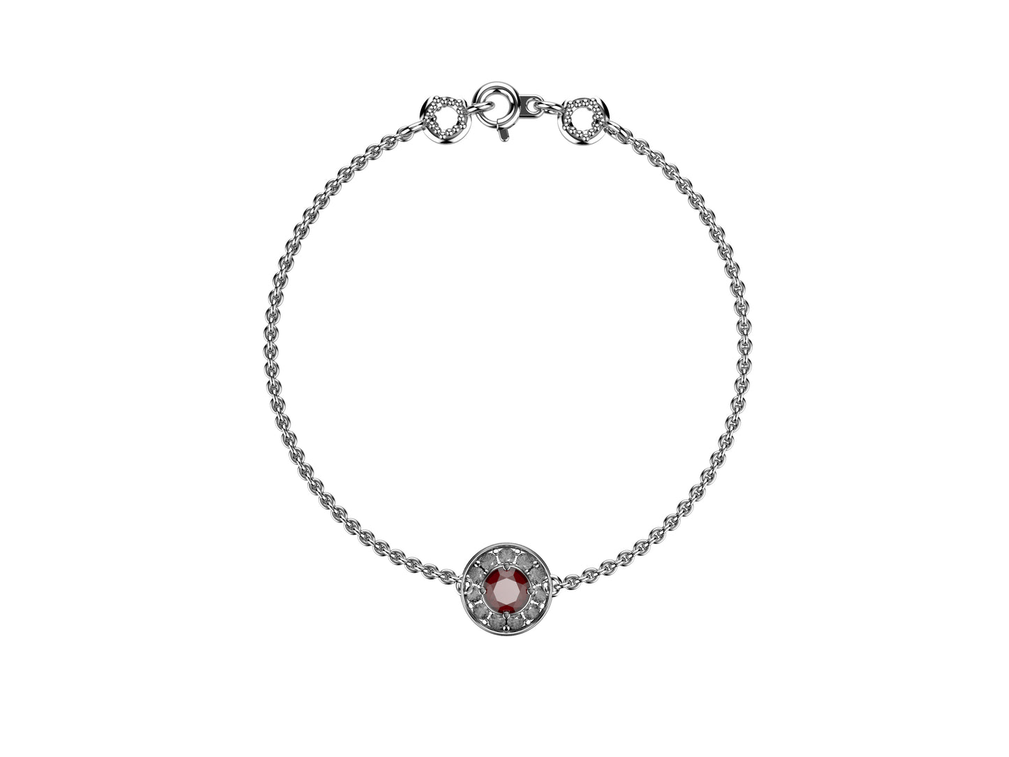 Gemmes De La Divinite bracelet, 18K white gold, set with a brilliant-cut red spinel and brilliant-cut diamonds around totaling 0.499 carat. Thickness: 1.78 mm. Diameter of the halo: 11,5 mm.