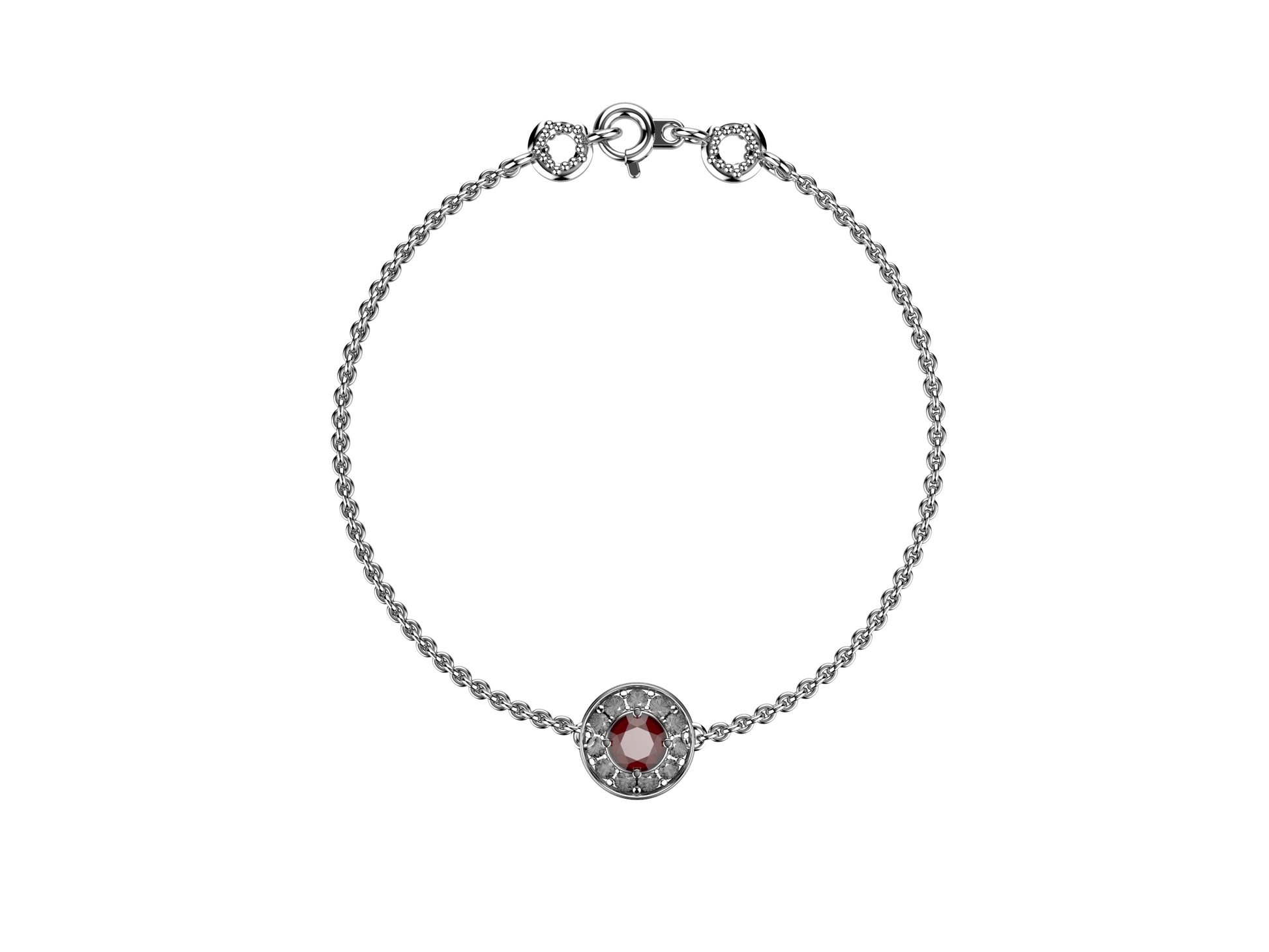 Gemmes De La Divinite bracelet, 18K white gold, set with a brilliant-cut red spinel and brilliant-cut diamonds around totaling 0.499 carat. Thickness: 1.78 mm. Diameter of the halo: 11,5 mm.