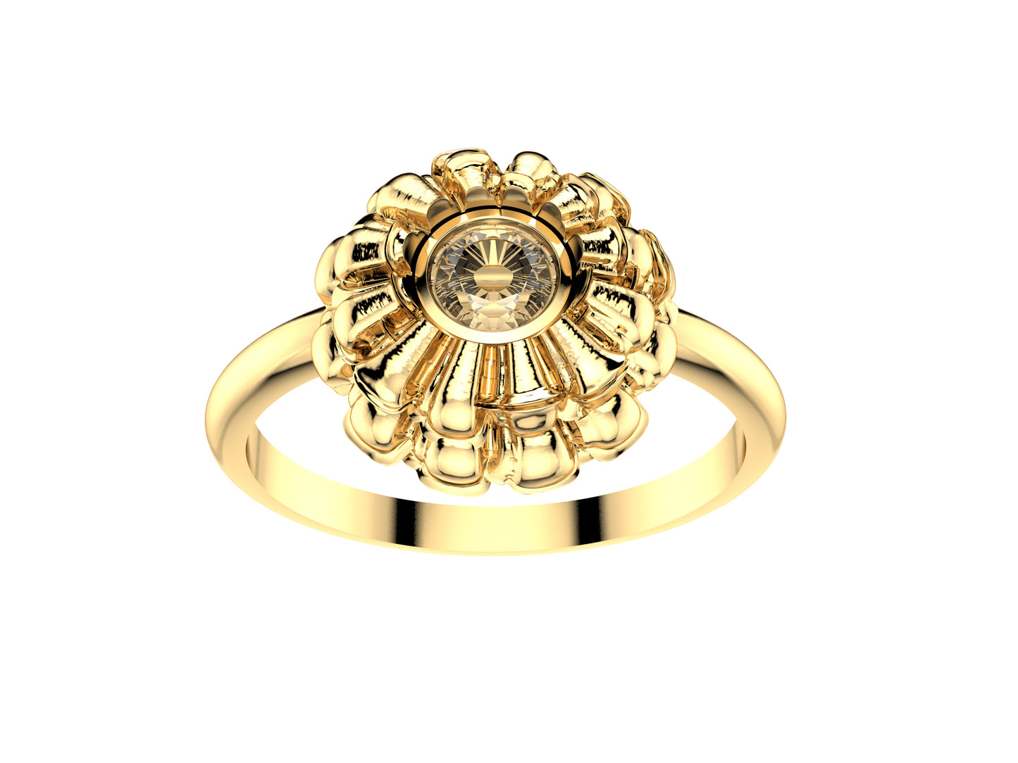 Flores de MatiJaro ring, 18K yellow gold set with brilliant-cut diamond totaling 0.23 carat. Width of the pattern: 21.1 mm.