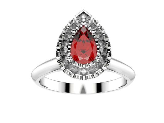 Gemmes De La Divinite engagement ring, 950‰ platinum, set with a pear-cut ruby available from 0.4 to 0.49 carats and paved with brilliant-cut diamonds.