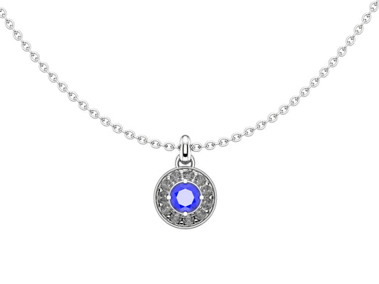 Gemme's De La Divinite necklace, 18K white gold, set with a brilliant-cut diamond (red spinel, blue sapphire) available in 0.45 to 0.59 carats and set with brilliant-cut pavé diamonds.