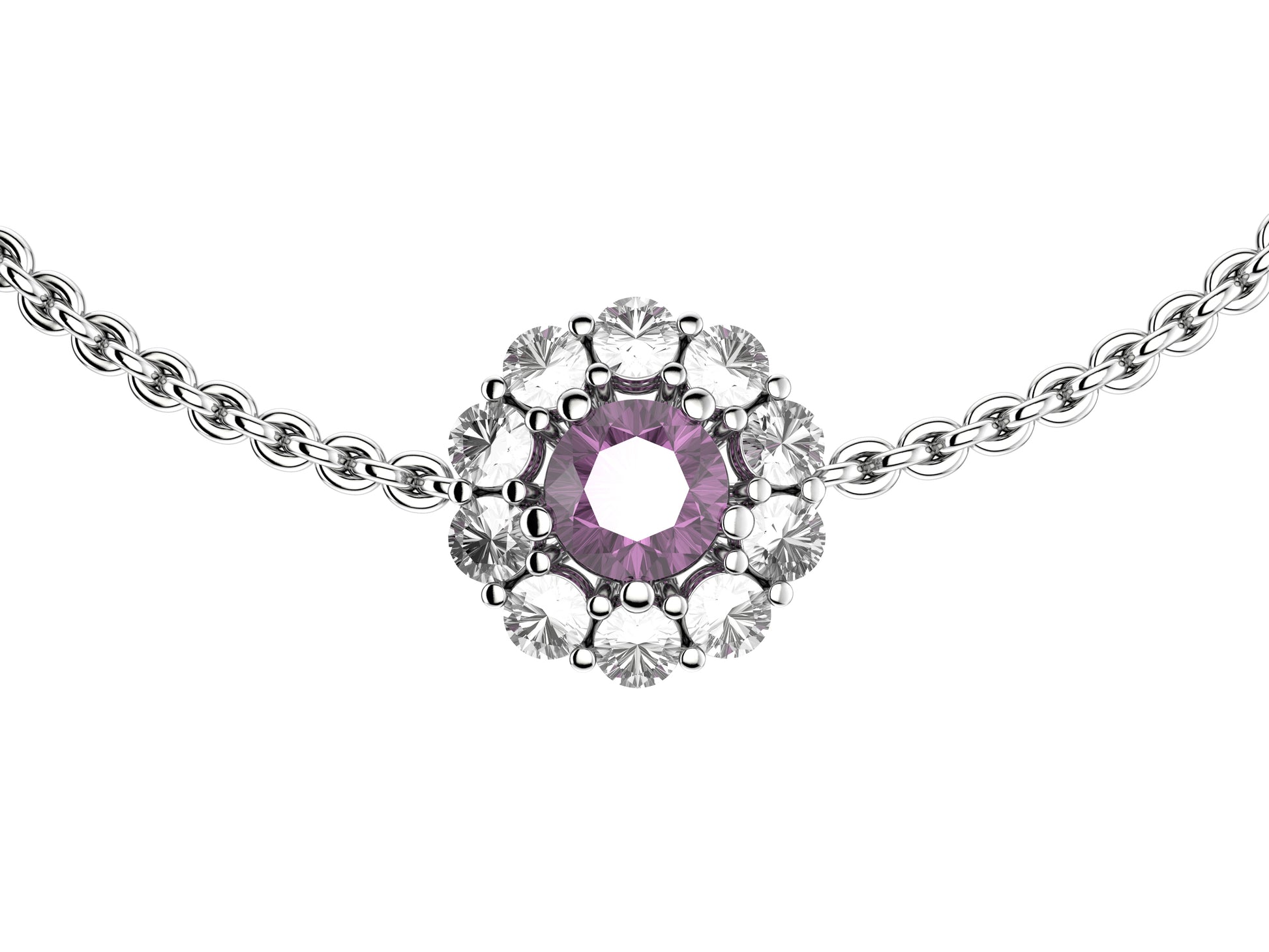 Flower bracelet, 18K white gold, pink sapphire, diamonds.