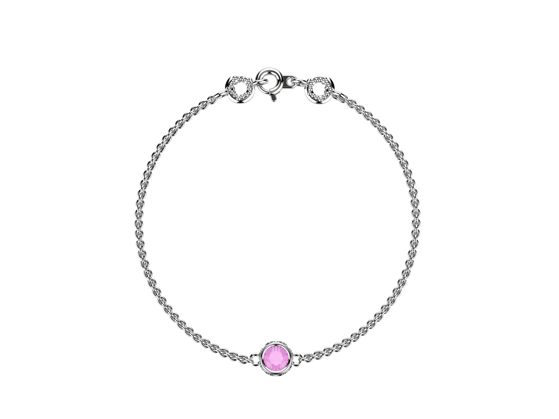 Gemmes De La Divinite bracelet, sterling silver, set with a pink sapphire. Thickness: 1.8 mm. Diameter of the pattern: 8.5 mm.