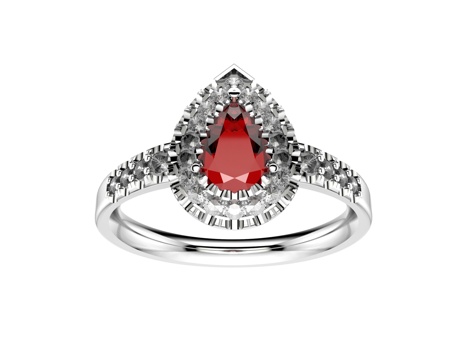 Gemmes De La Divinite engagement ring, 950‰ platinum, set with a pear-cut ruby available from 0.4 to 0.49 carats and paved with brilliant-cut diamonds.