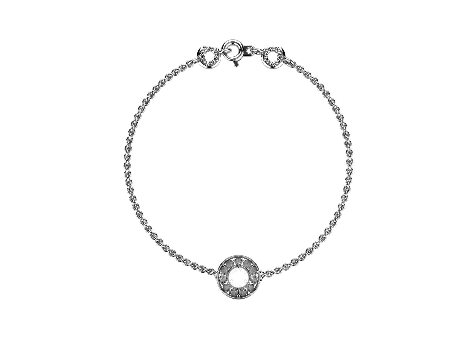 Gemmes De La Divinite bracelet, 18K white gold, set with a brilliant-cut diamond and brilliant-cut diamonds around totaling 0.499 carat. Thickness: 1.78 mm. Diameter of the halo: 11,5 mm.
