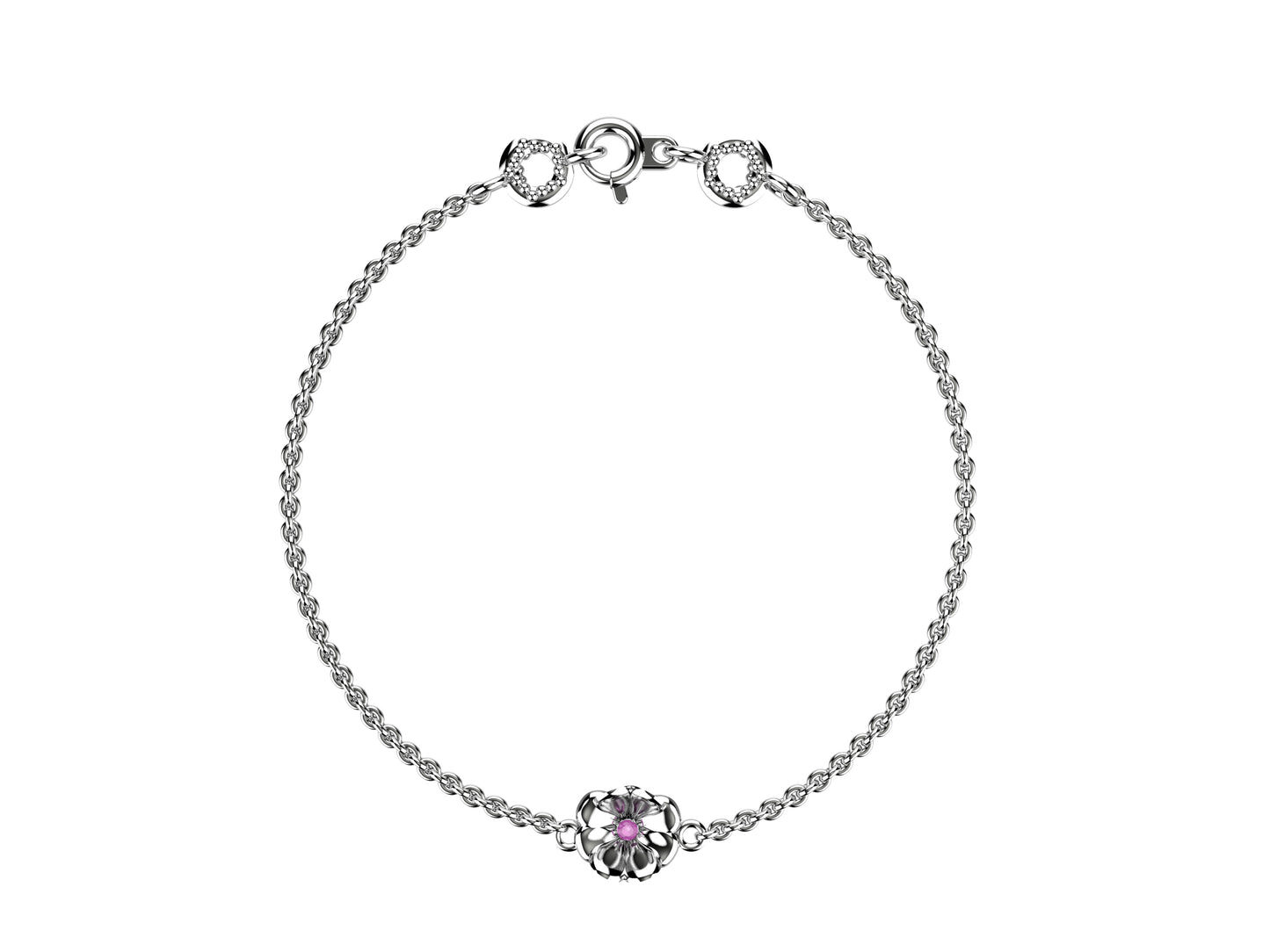 Flores de MatiJaro bracelet, 18K white gold, pink sapphire. Thickness: 1.78 mm. Diameter of the pattern: 8,9 mm.