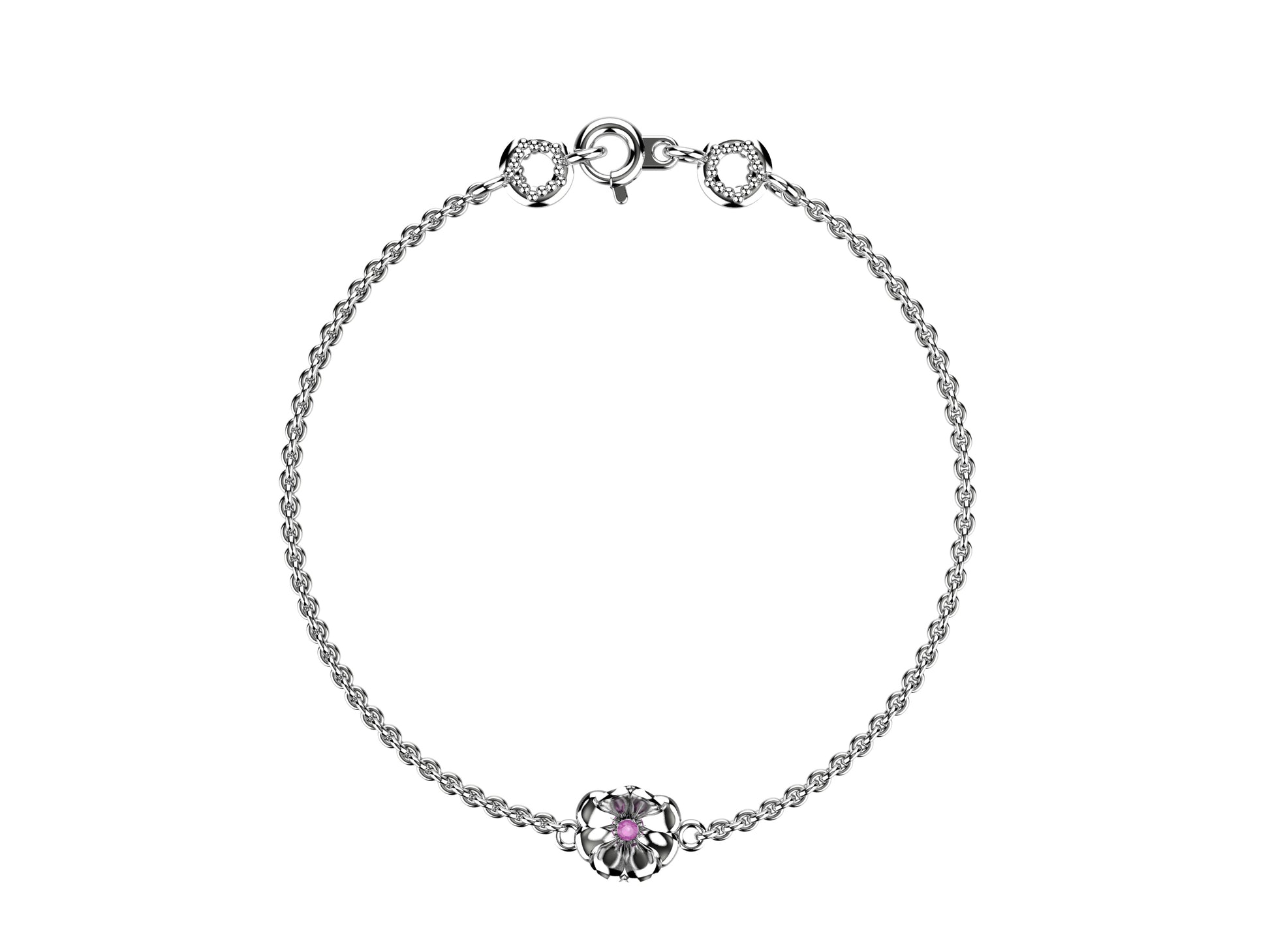 Flores de MatiJaro bracelet, 18K white gold, pink sapphire. Thickness: 1.78 mm. Diameter of the pattern: 8,9 mm.