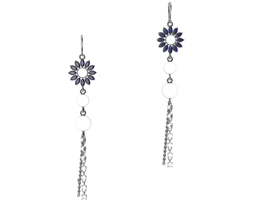 Flores de MatiJaro earrings, 18K white gold, diamonds, pearl, blue sapphire.