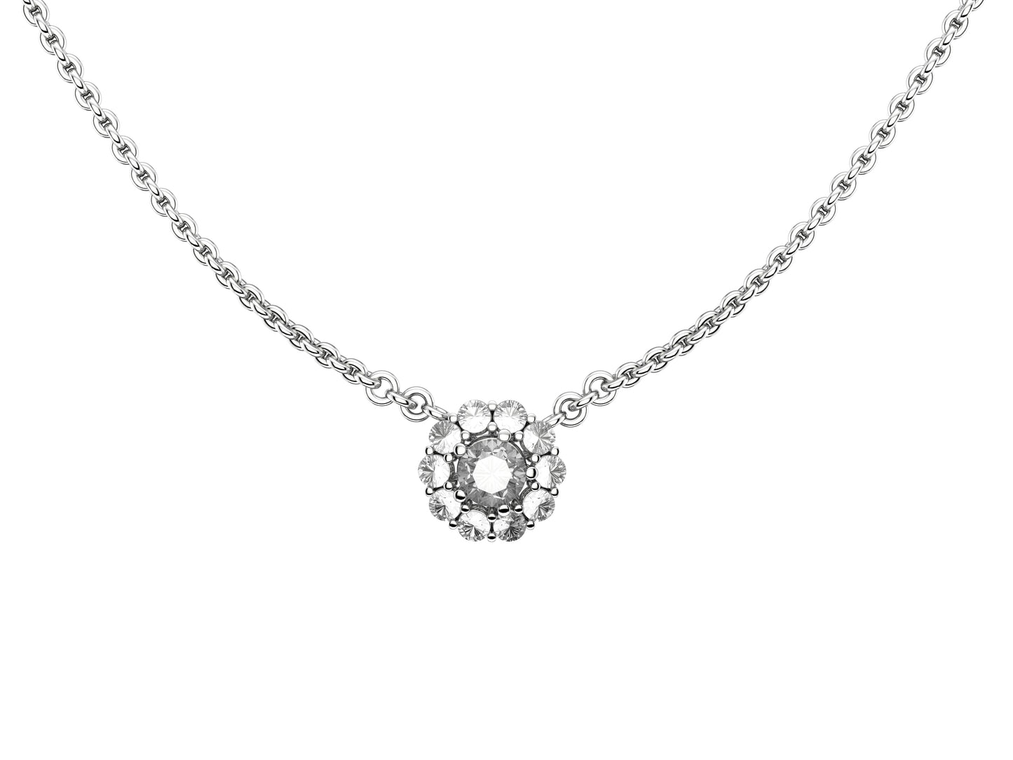 Flores de MatiJaro necklace, 18K white gold, set with a brilliant-cut diamond available in 0.45 to 0.59 carats and set with brilliant-cut pavé diamonds.