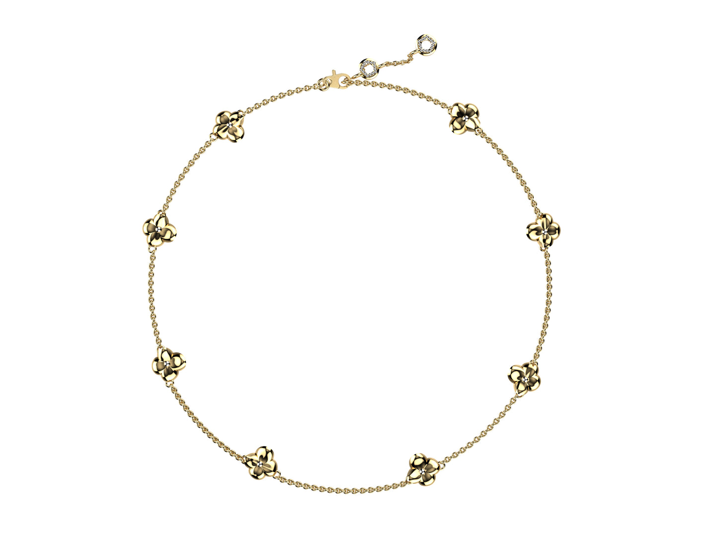 Flores de MatiJaro necklace, 18K yellow gold, 8 motifs. Length: 65.7cm. Width of the motif: 9.5 mm.