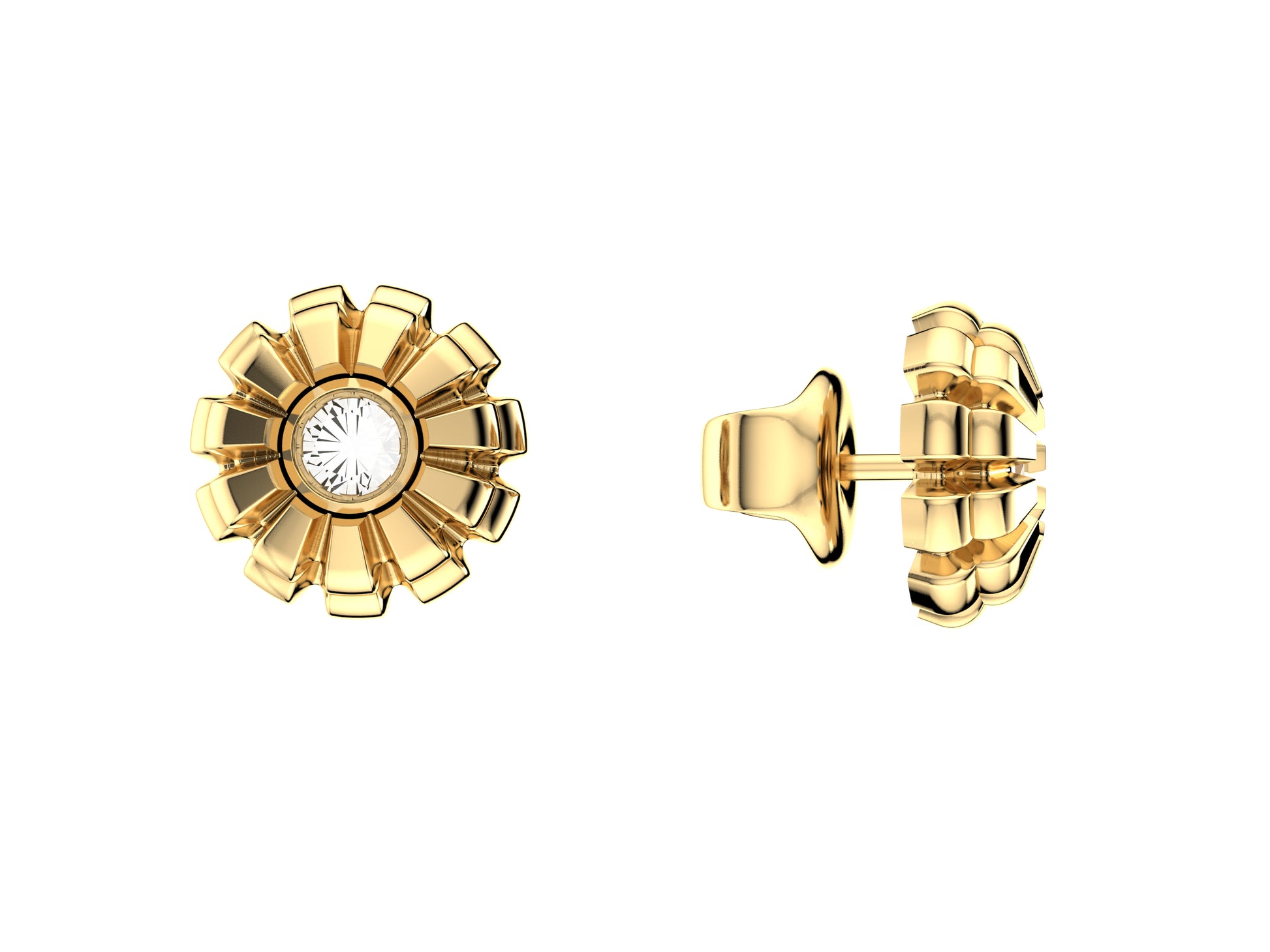 Flores Matijaro earrings, yellow gold, each earring with a diamond. Diameter of the pattern: 10 mm. Thickness: 2.2 mm.