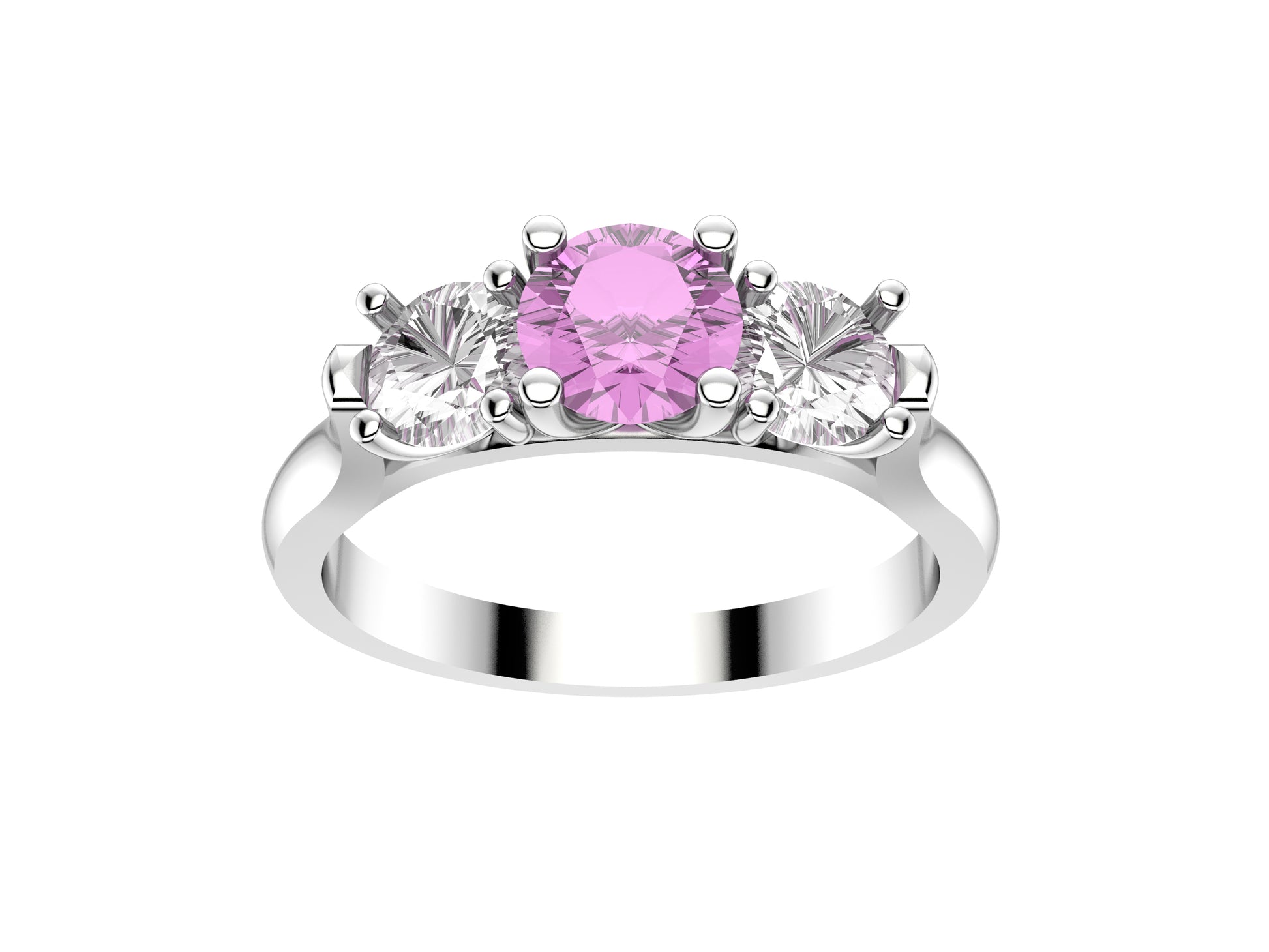 Forever three stone engagement ring, 950‰ platinum, set with a pink sapphire  from 0.47 to 0.55 carats and 2 brilliant-cut diamonds totaling 0.6 carats. 