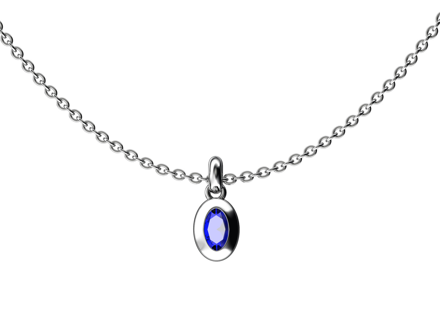Gemme's De La Divinity necklace, sterling silver, set with a blue tanzanite. Diameter of the pattern: 11 mm. Chain length: 600 to 605 mm.