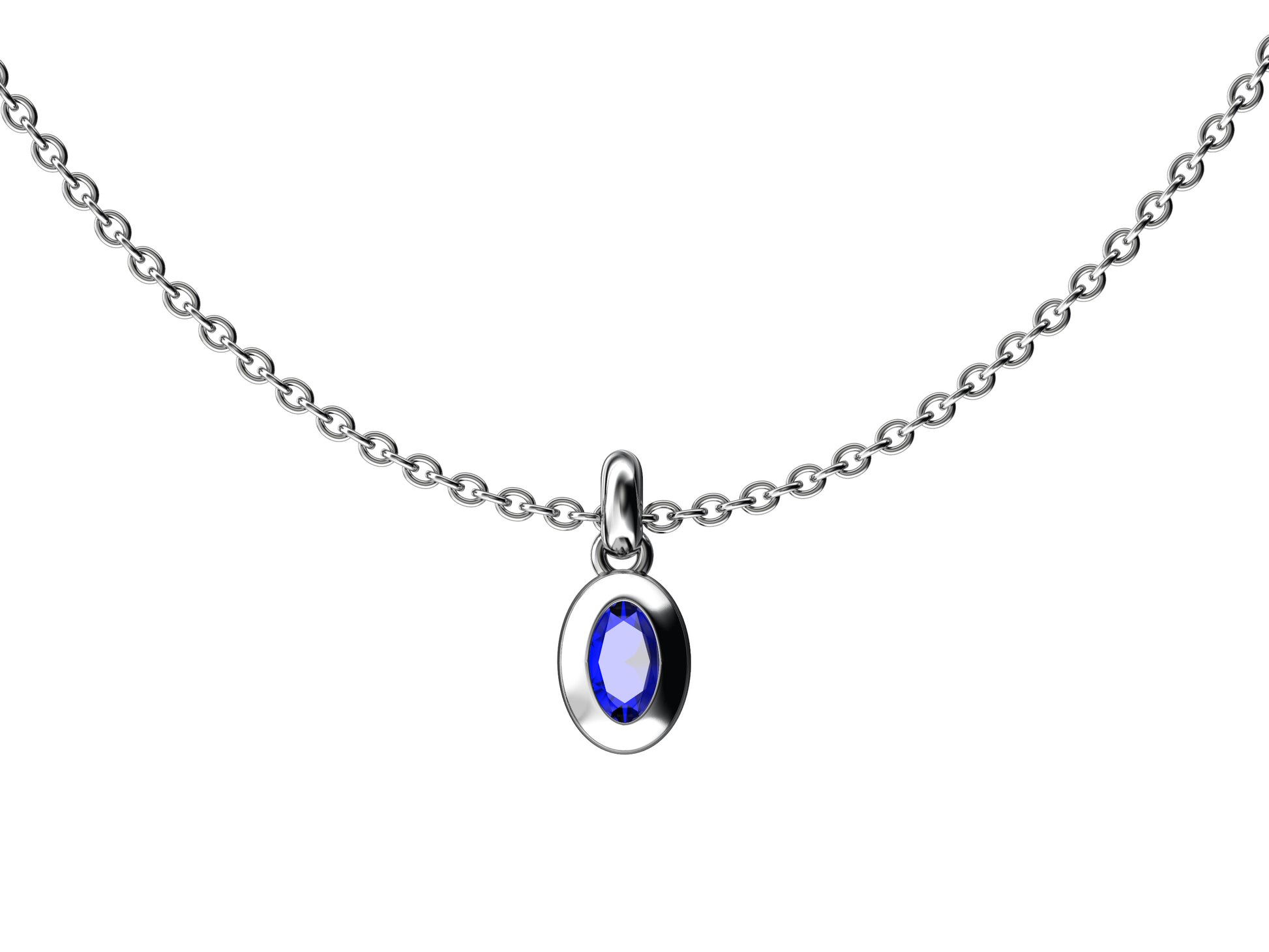 Gemme's De La Divinity necklace, sterling silver, set with a blue tanzanite. Diameter of the pattern: 11 mm. Chain length: 600 to 605 mm.