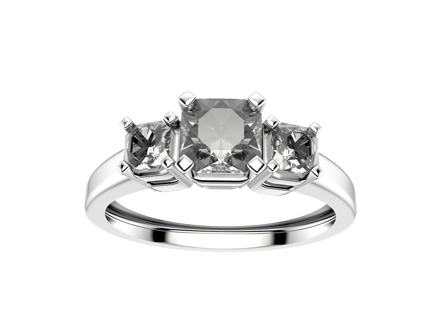 Forever three stone engagement ring, 950‰ platinum, set with a flanders-cut diamond  from 0.4 to 0.49 carats and 2 flanders-cut diamonds totaling 0.3 carats. 