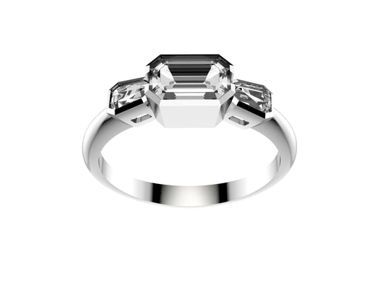 Gemmes De La Divinite three stone engagement ring, 950‰ platinum, set with a emerald-cut diamond  from 0.6 to 0.69 carats and 2 coffin-cut diamonds totaling 0.3 carats. 