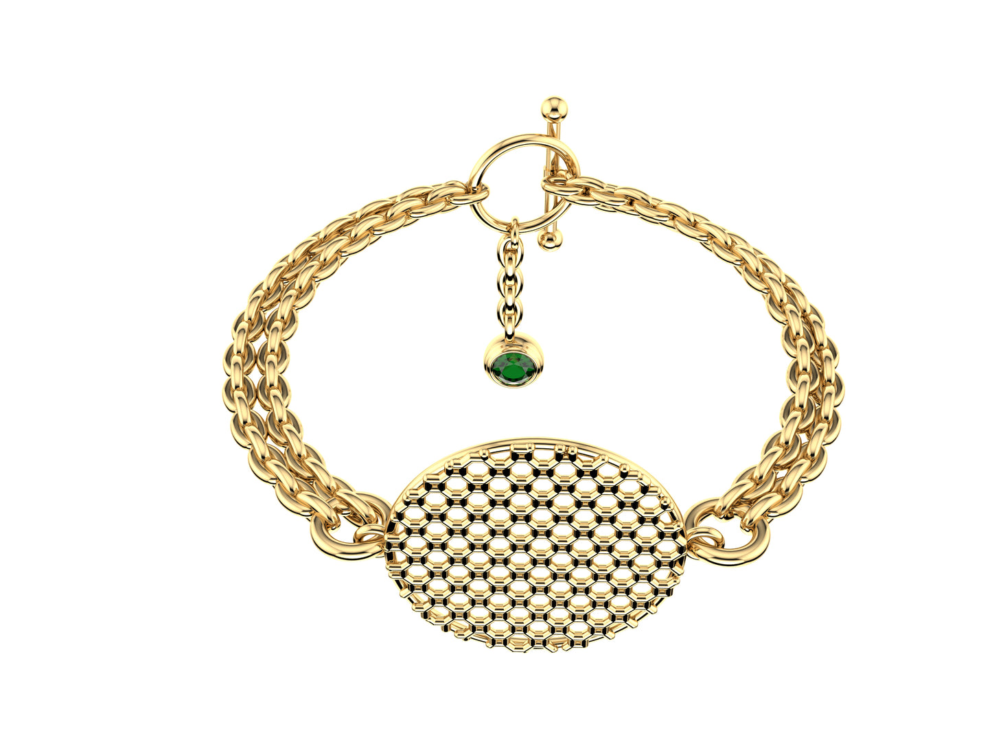 Hit New Style bracelet, 18K yellow gold, set with brilliant-cut green sapphire. Pattern width 25,5 mm.