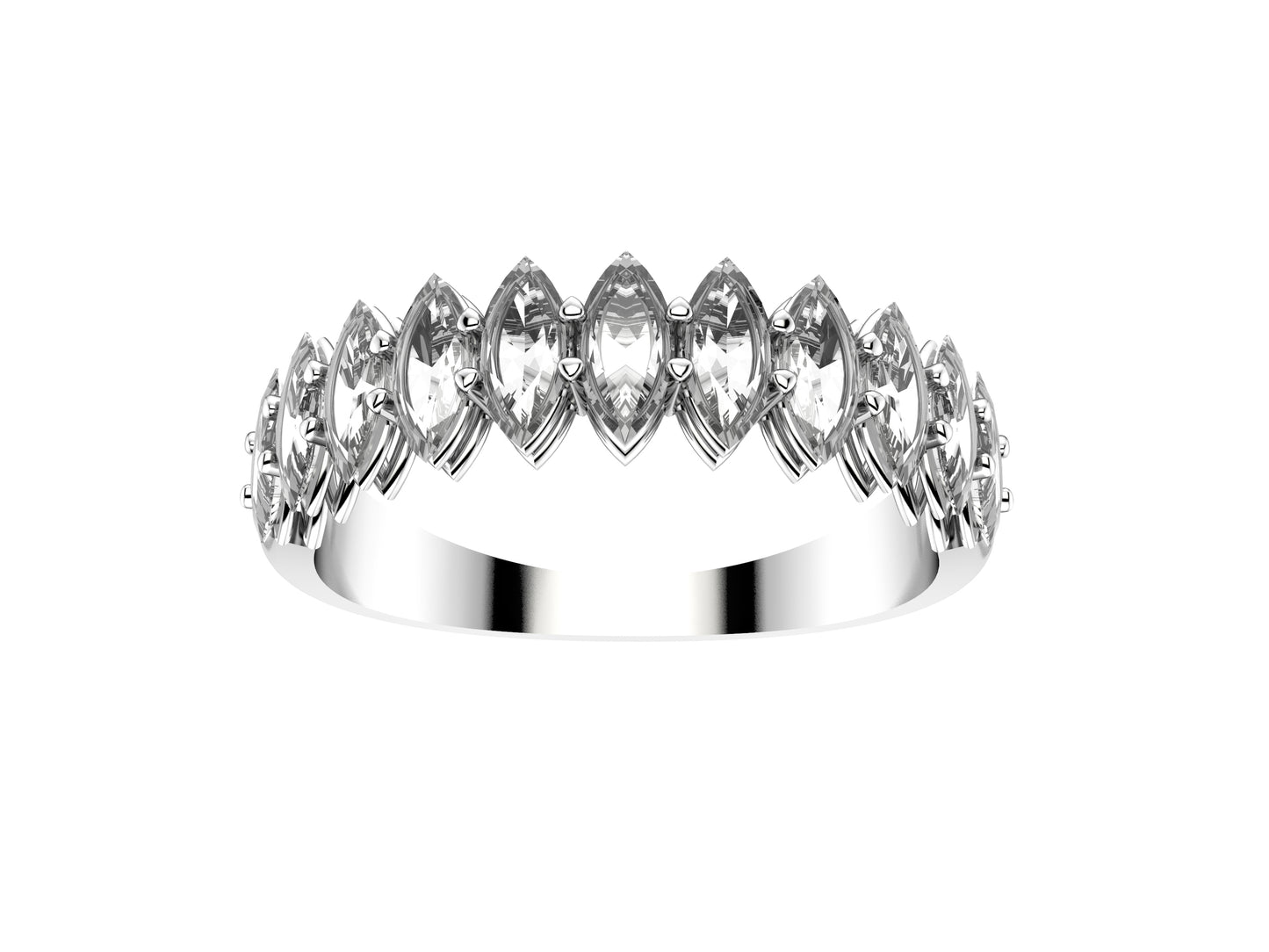 Gemmes De La Divinite wedding band, 950‰ platinum, set with 11 maequise-cut diamonds totaling 1.1 carat. Width 5.00 m