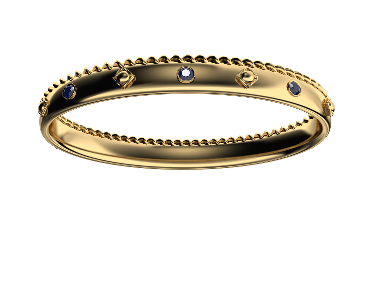 MatiJaro MJ bracelet, 18K yellow gold, set with 6 blue sapphire. Width: 9 mm. 