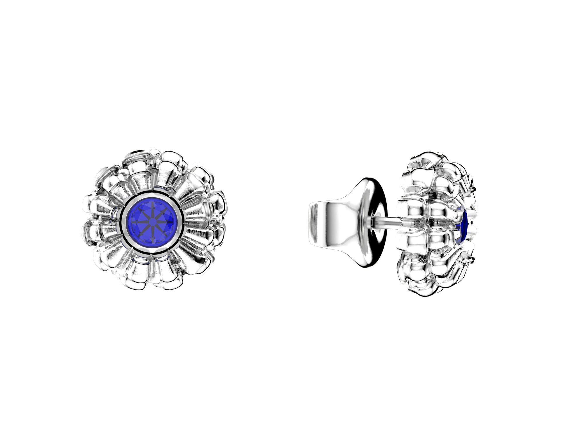 Flores de MatiJaro earrings, 18K white gold, each set with a blue sapphire. Diameter of the pattern: 10.00 mm. Thickness: 4.5 mm.