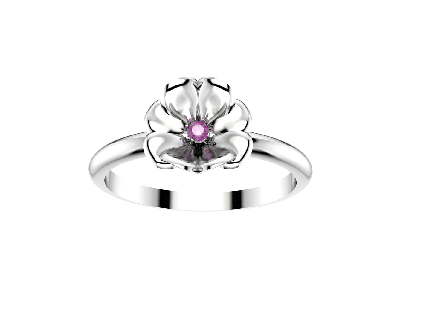 Flores de MatiJaro ring, 18K white gold set with brilliant-cut rose sapphire. Width of the pattern: 8.0 mm.