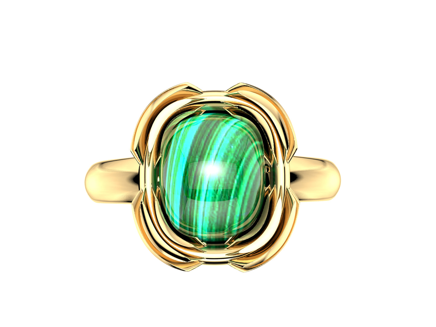 Hit New Style ring, 18K yellow gold set with malachite. Width of the pattern: 16.0 mm.