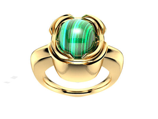 Hit New Style ring, 18K yellow gold set with malachite. Width of the pattern: 16.0 mm.