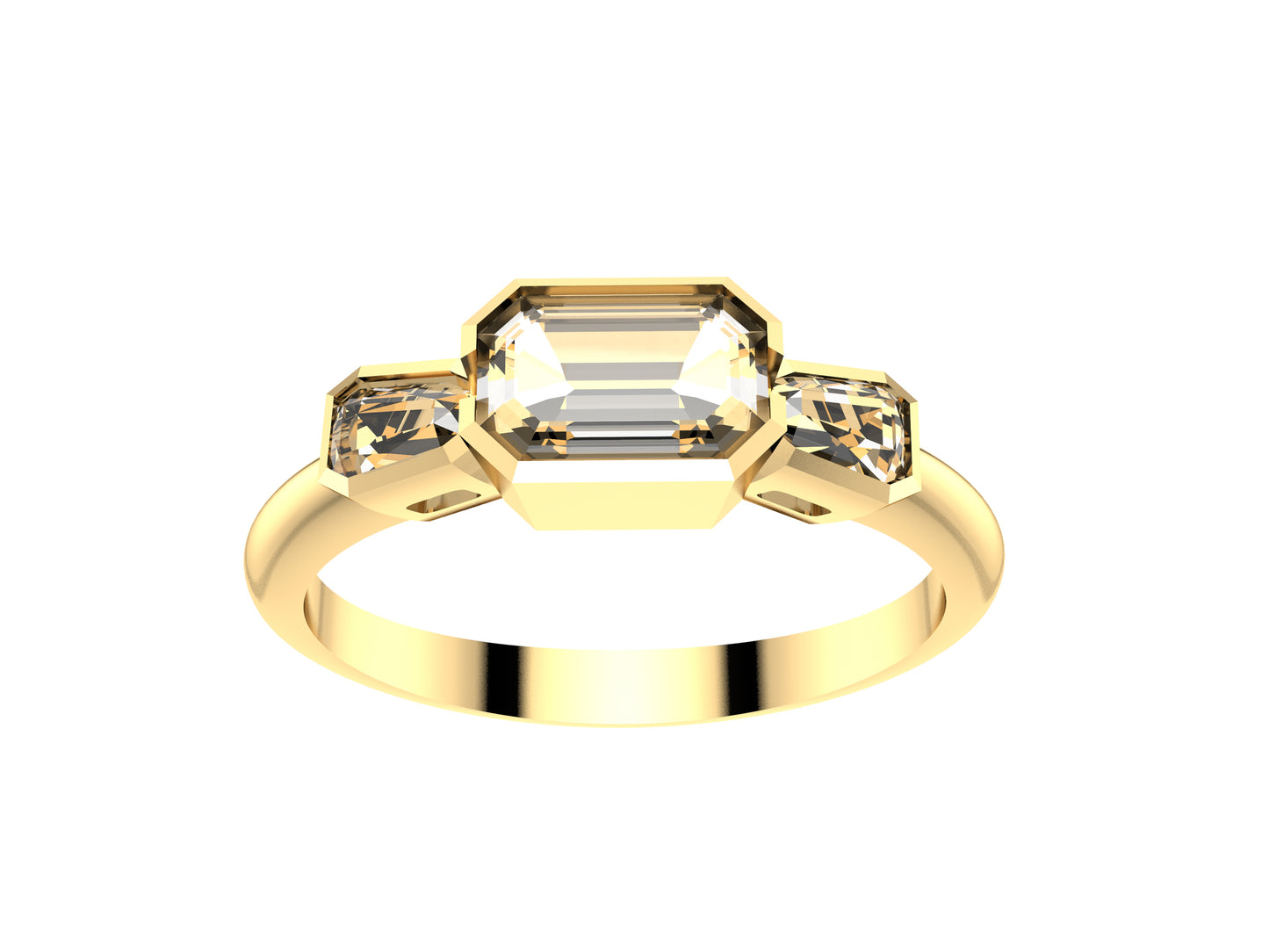 Gemmes De La Divinite tree Stone Engagement Ring, 18 K yellow gold, set with a EMERALD-cut diamond  from 0.6 to 0.69 carats and 2 coffin - cut diamonds totaling 0.3 carats. 