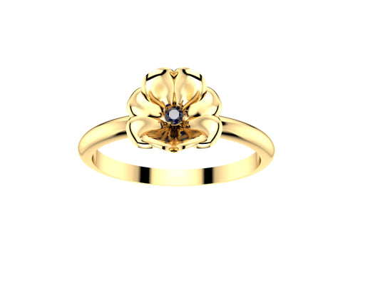 Flores de MatiJaro ring, 18K yellow gold set with brilliant-cut blue sapphire. Width of the pattern: 8.0 mm.