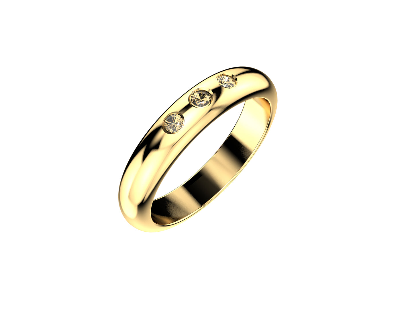 Forever wedding band, width 3.5 mm, 18 K yellow gold, set with three brilliant-cut diamonds totaling 0.044 carat.