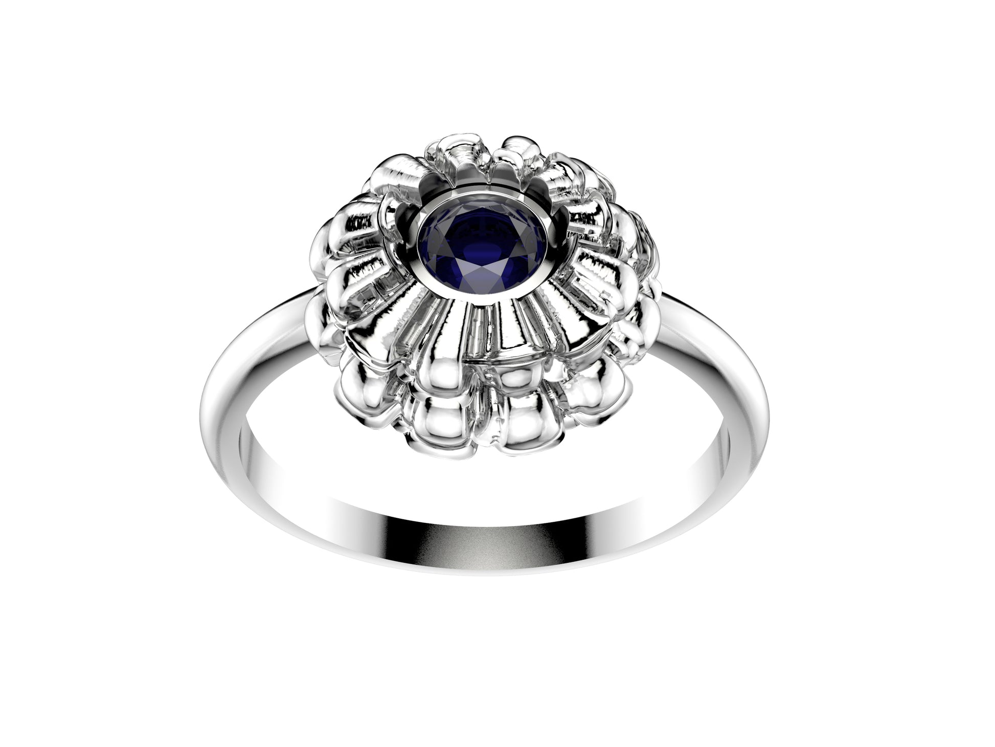 Flores de MatiJaro ring, 18K white gold set with brilliant-cut blue sapphire. Width of the pattern: 21.1 mm.