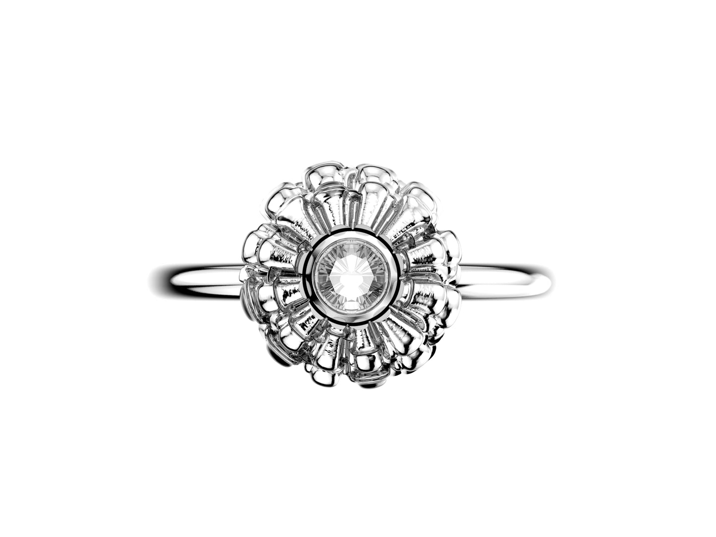 Flores de MatiJaro ring, 18K white gold set with brilliant-cut diamond totaling 0.23 carat. Width of the pattern: 21.1 mm.