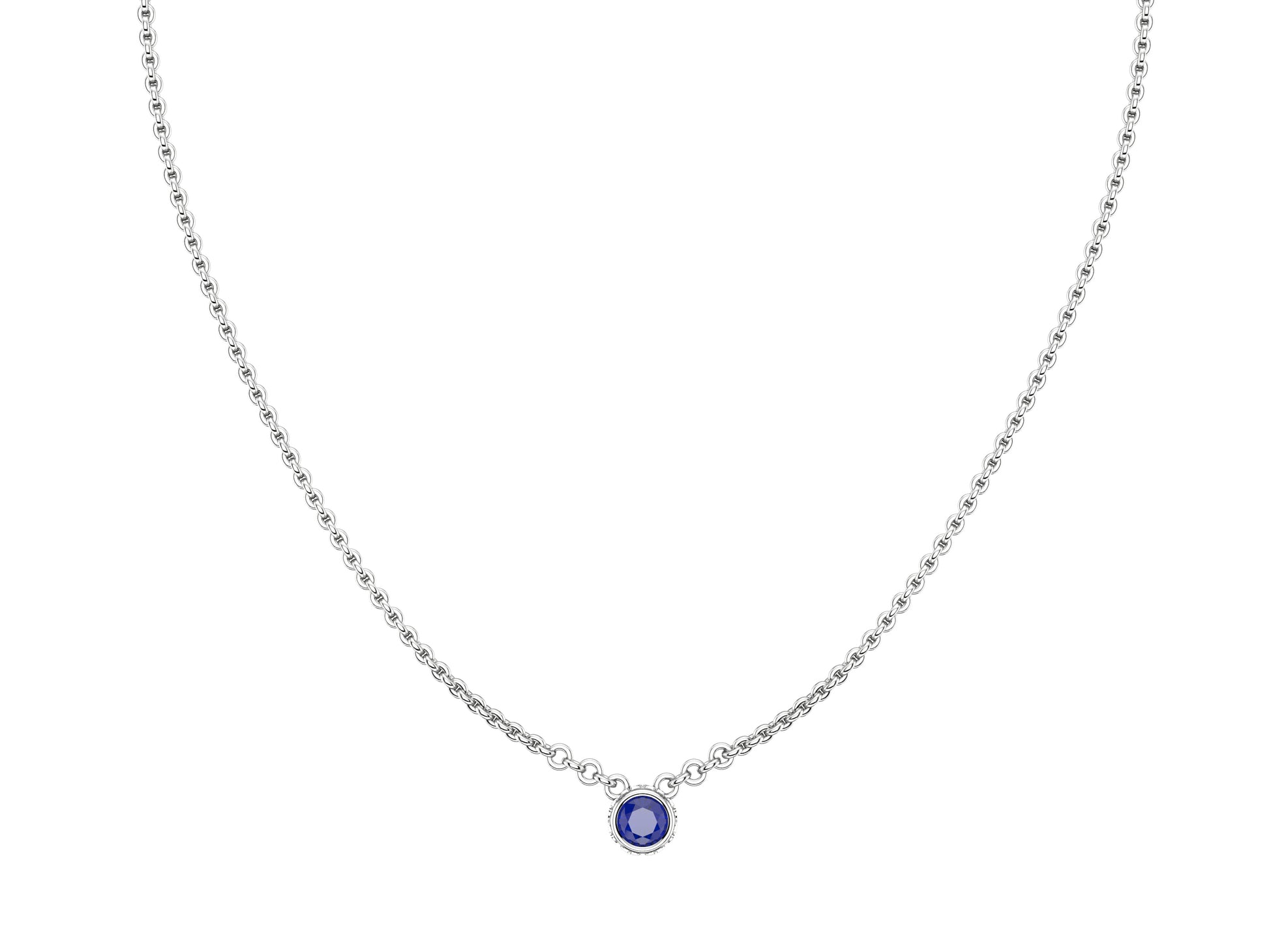 Gemmes De La Divinite necklace, 18K platina, set with a blue sapphire. Chain length: 380 to 410 mm. 