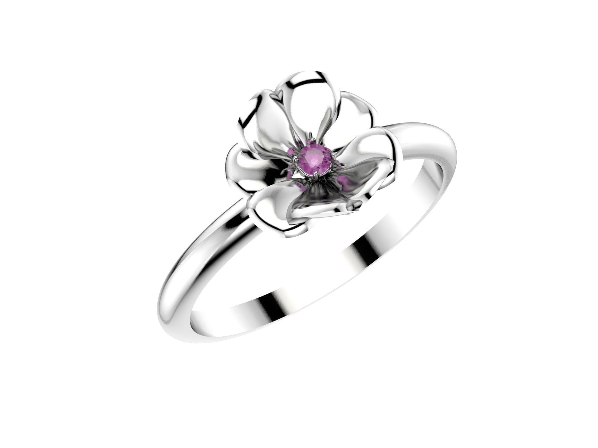 Flores de MatiJaro ring, 18K white gold set with brilliant-cut rose sapphire. Width of the pattern: 8.0 mm.