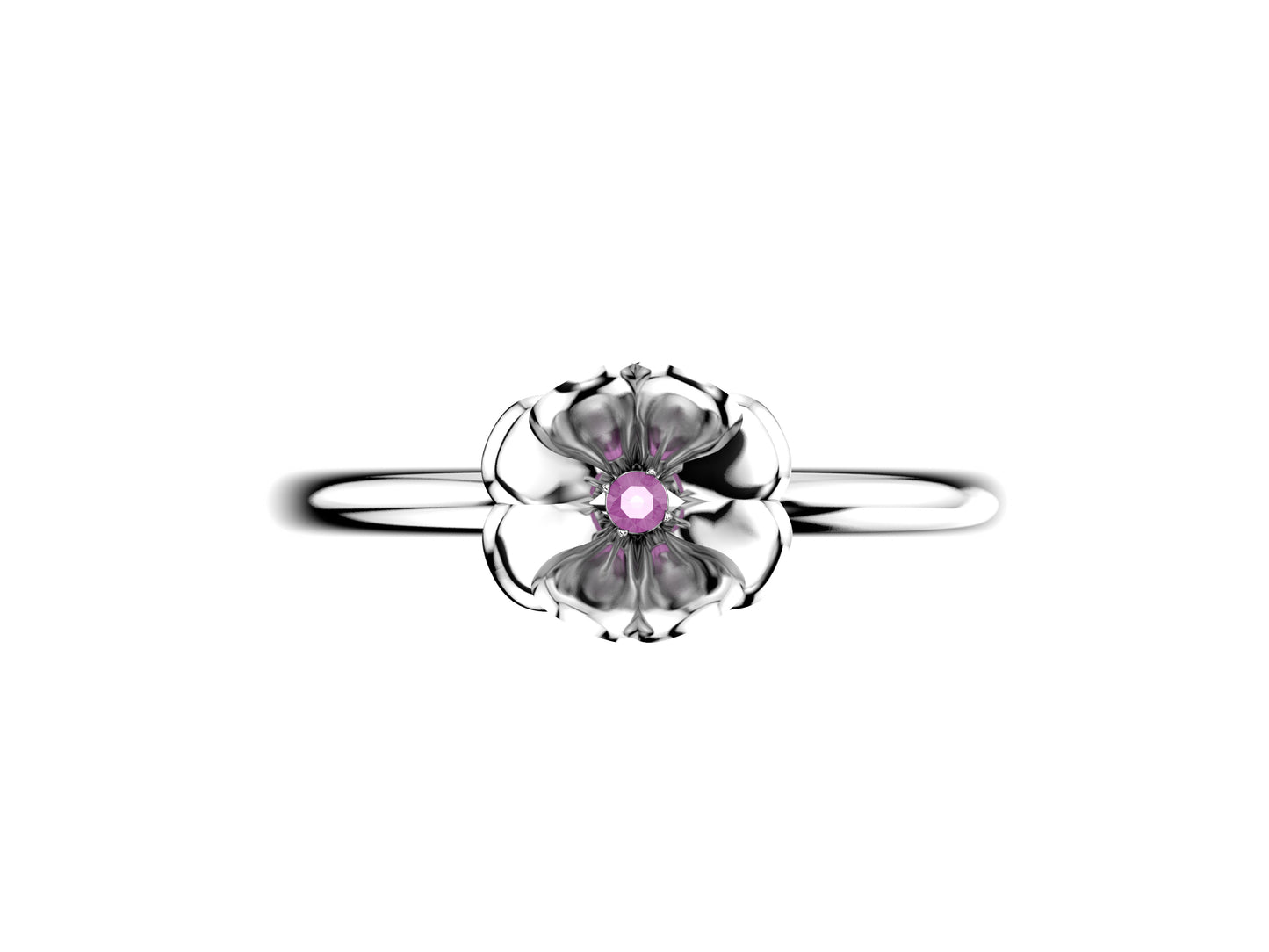 Flores de MatiJaro ring, 18K white gold set with brilliant-cut rose sapphire. Width of the pattern: 8.0 mm.